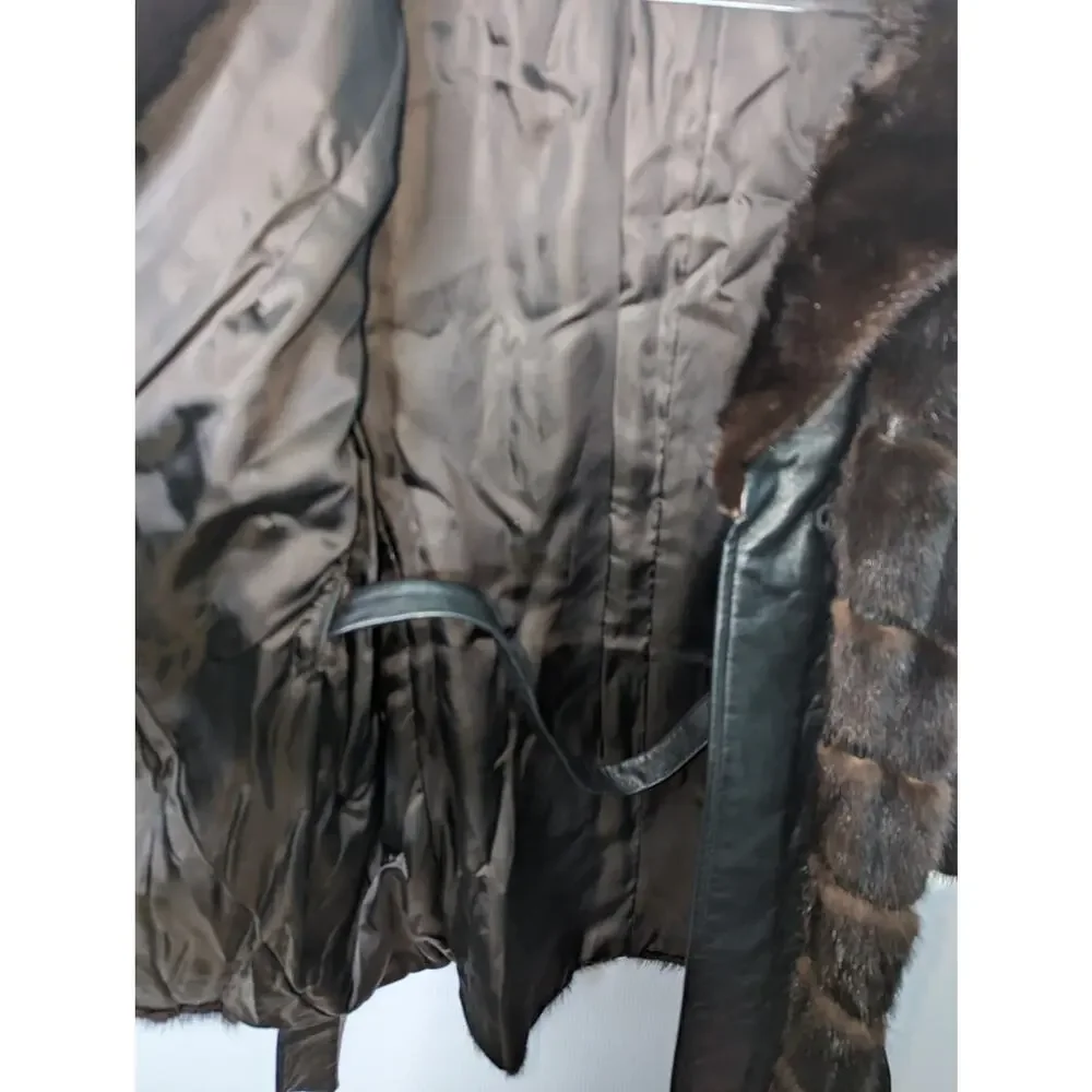 Vintage 70's Dayton's Black Leather Coat with Fur Accents Tie Waist Black Brown - Picture 8 of 14